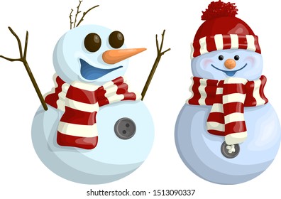 Two cute and funny snowmen in cartoon style