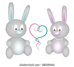 Two cute furry toy rabbit - boy and girl