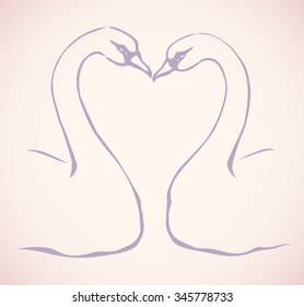 Two cute gentle Cygnus swim bowed to each other curving necks in kiss with space for text on pink water fond. Freehand linear ink drawn logo icon sign sketch in art scribble ancient style pen on paper
