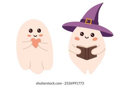 Dos fantasmas lindos en disfraces de halloween con un libro. Ilustración vectorial.