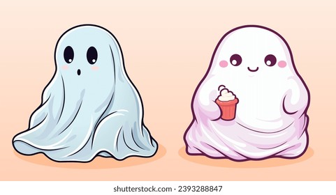 Two cute ghosts, one blue and surprised, the other pink and smiling, holding ice cream. Pastel soft colors in kawaii and cartoon style, perfect for kids' designs. Fun, friendly, cheerful design.