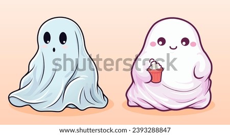 Two cute ghosts, one blue and surprised, the other pink and smiling, holding ice cream. Pastel soft colors in kawaii and cartoon style, perfect for kids' designs. Fun, friendly, cheerful design.