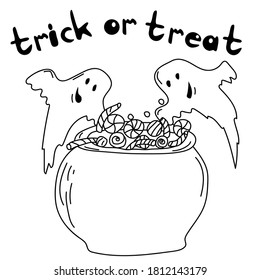 Two cute ghosts and sweets in a cauldron, Halloween coloring page and inscription trick or treat, vector outline illustratin for design and creativity