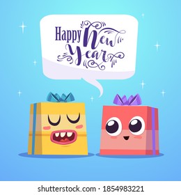Two cute gift characters cheer each other happy new year