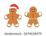 Two Cute ginger bread man in santa hat. Christmas biscuit isolated on white background. Gingerbread character. Classic Xmas cookies. Noel holiday sweet dessert. Vector illustration.