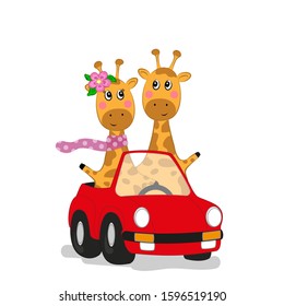 Two cute giraffes in a car traveling. Children's print on clothes, greeting card, party invitation. Hand drawn vector illustration.