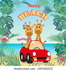 Two cute giraffes in a car traveling on the beach. Children's print on clothes, greeting card, party invitation. Hand drawn vector illustration.