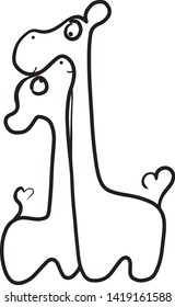 Two cute giraffes cuddling, vector doodle illustration isolated on white background