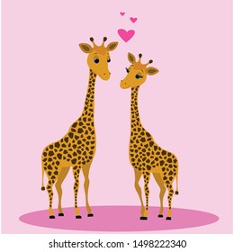 Two cute giraffes are happy because they are in love with each other. They are depicted on a pink background.