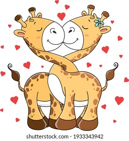 Two cute giraffes kissing on the background of hearts. valentine's day. Valentine card. Vector graphics.