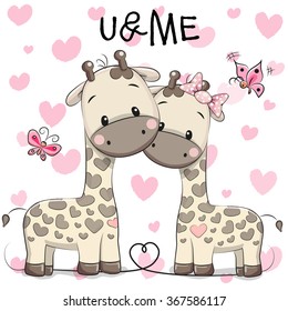 Two cute giraffes on a hearts background