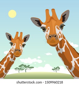 Two cute giraffes on a landscape background. Funny background. Flat design. Vector illustration.