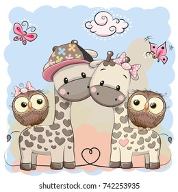 Two cute giraffes and owls on a blue background