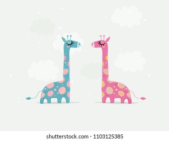 Two Cute Giraffes Vector Graphic. Pink and Blue Girrafe on a Light Gray Background. Baby Shower Vector Card. Bright Background With Delicate Clouds. Watercolor Style Nursery Vector Art. 