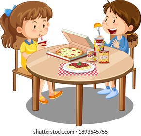 Two cute girl enjoy eating with food on the table on white background illustration