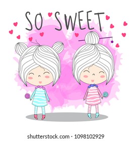 Two Cute Girl with Lollipop.So sweet love concept on isolate background.doodle style cartoon art for cover book,clip arts,wallpaper,happy birthday,card,and any design.
