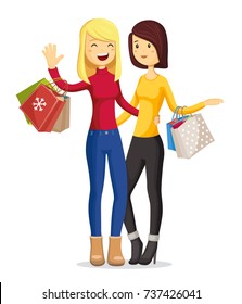 Two cute girl with shopping bags full of gifts and presents. Christmas shopping cartoon characters for background