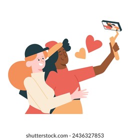 Two cute girlfriends take a selfie with a smartphone. Girls bloggers influencers live online. Vector illustration with characters.