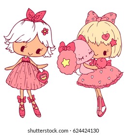 Two cute girls in a doodle style. A girl with a nice bunny. Beautiful characters.