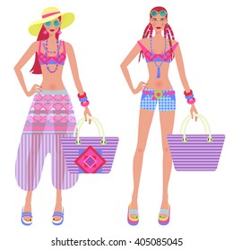 Two cute girls in fashionably beach clothes and accessories - handbags, sun hat, sunglasses. Vector illustration of female figures isolated on white background.