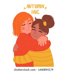 Two cute girls hugging. Embrace of autumn. Cartoon style characters. Vector illustration