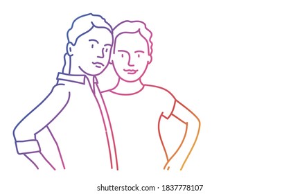 Two cute girls are hugging. Gradient line. Vector illustration.