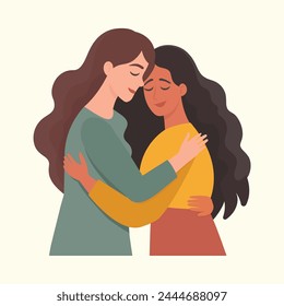 Two cute girls hugging with lots of love. Support, sympathy. long awaited meeting. flat vector illustration.