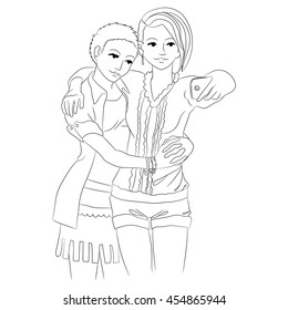 Two cute girls in love embracing and taking selfie. Women hug and take photos. Template for coloring page for grown ups. Vector illustration.