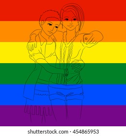 Two cute girls in love embracing and taking selfie. Women hug and take photos. LGBT people (lesbians) pose in front of the rainbow flag. Vector illustration.