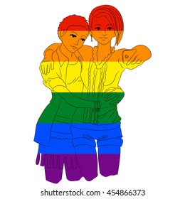 Two cute girls in love embracing and taking selfie. Women hug and take photos. Rainbow silhouette of LGBT people (lesbians). Vector illustration.