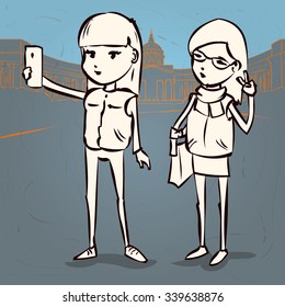 Two cute girls making selfie. Hand drawn cartoon vector illustration.