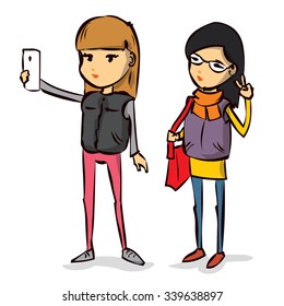 Two cute girls making selfie. Hand drawn cartoon vector illustration.