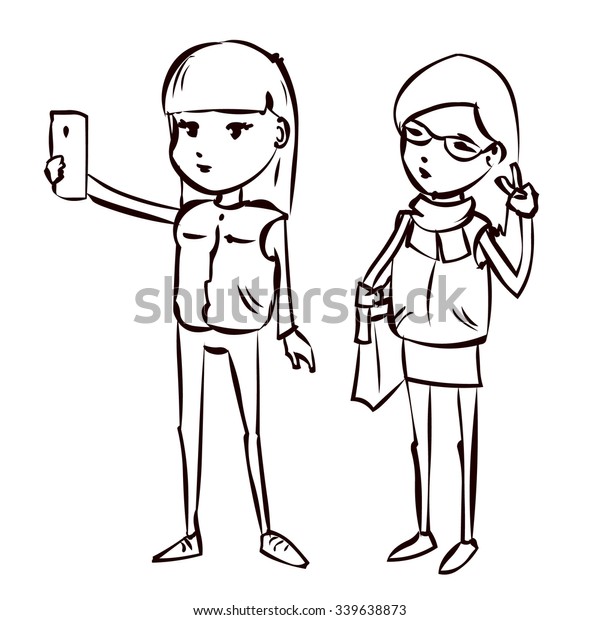 Two Cute Girls Making Selfie Hand Stock Vector Royalty Free 339638873 Shutterstock 