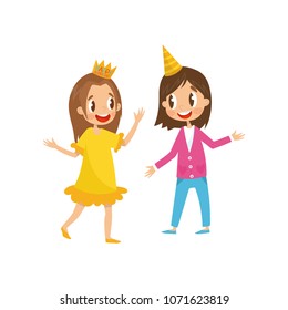 Two cute girls in party hats having fun at birthday party cartoon vector Illustration on a white background