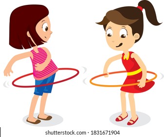 Two cute girls playing hula hoop together