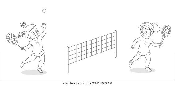 Two cute girls playing on the tennis court. Black and white. Childish vector illustration for coloring book.