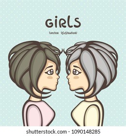 Two cute girls in profile. Vector illustration. Friendly conversation.