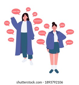 two cute girls say hello in different languages vector illustration, multilingual greeting by two women concept flat vector illustration. Hello in different languages concept illustration