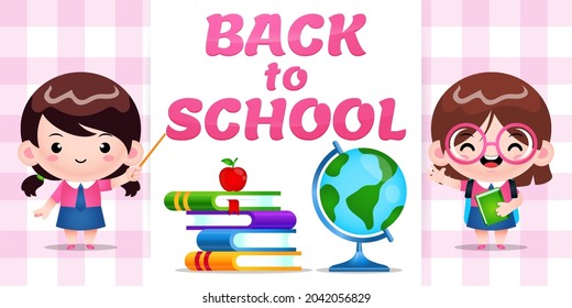 Two Cute Girls Student Back To School Banner illustration vector