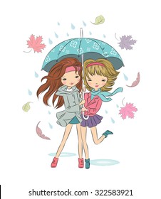 Two cute girls with umbrella, autumn and rain all around, but they are not sad. Colorful vector illustration.