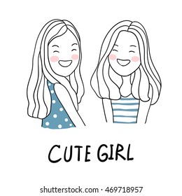 Two cute girls vector illustration doodle style.