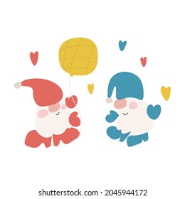 Two cute gnomes with balloon. Funny vector illustration on white background. 