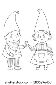 Two cute gnomes with candy. Coloring page for coloring book. Cartoon vector illustration.