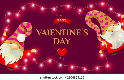zwei süße Zwerge in den Kappen halten einen Rahmen aus einer leuchtenden Gärte von Herzleuchten. Valentinstag Design. Feste Banner, Webposter, Flyer, stilvolle Broschüre, Grußkarte, Cover. 