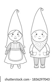 Two cute gnomes. Christmas time. Coloring page for coloring book. Cartoon vector illustration.