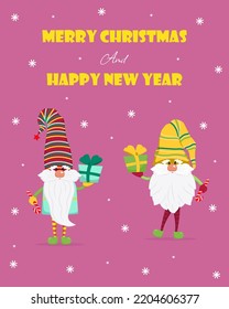 Two cute gnomes with gifts in their hands greeting card for Christmas. Vector illustration in flat style