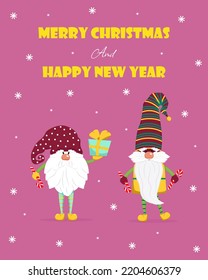 Two cute gnomes with gifts in their hands greeting card for Christmas. Vector illustration in flat style