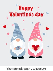 Dos lindos gnomos sosteniendo un corazón y una carta de amor. Tarjeta de San Valentín. Ilustración vectorial. Día de San Valentín. Enanos bonitos.