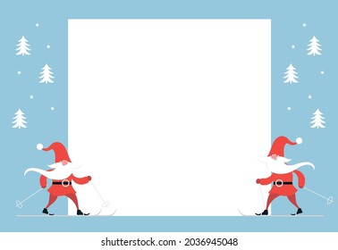 Two Cute Gnomes ski.Christmas banner with place for your text. Christmas greeting card. Happy New Year. Merry Christmas. Seasons Greetings.