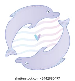 Two cute gradient dolphins are in love, nautical illustration